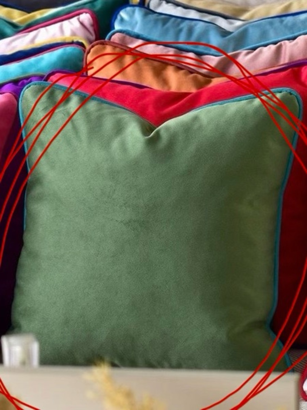 Green Velvet Throw Pillow with Blue Piping pillow covers